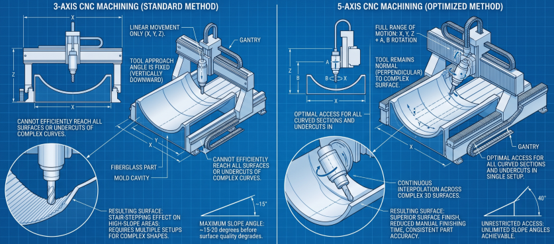 5 Axis CNC Machining vs 3 Axis CNC Machining on the operation
