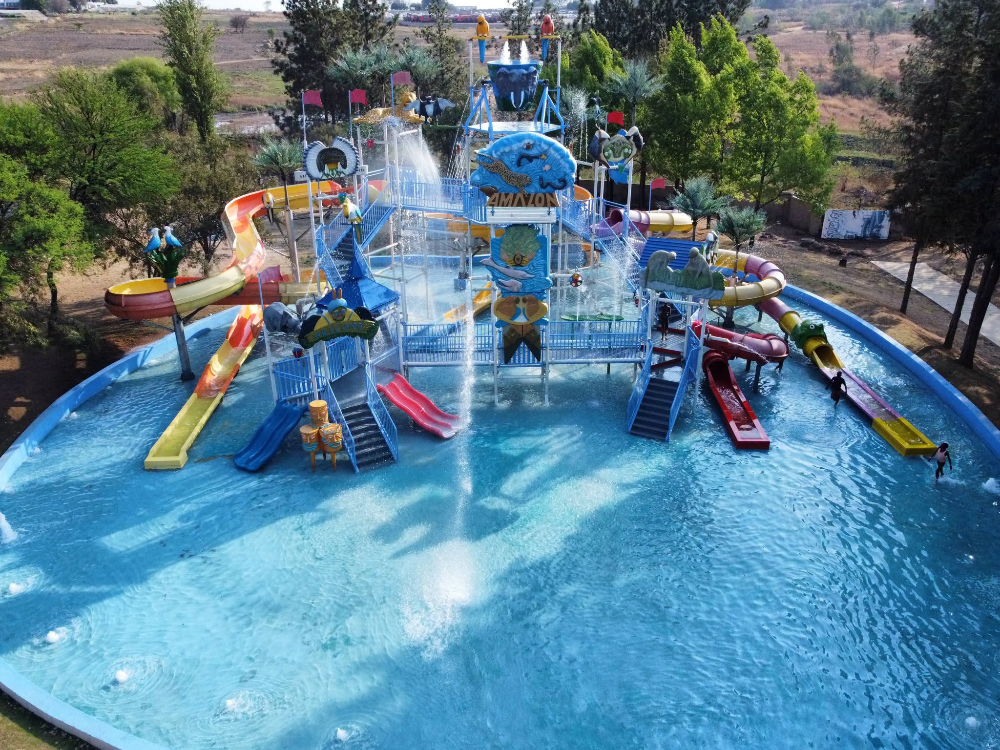 Amazon-themed family water-play area at Happy Island Waterworld