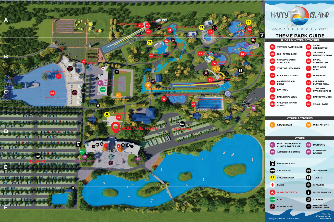 Attraction guide and layout of Happy Island Waterworld in South Africa