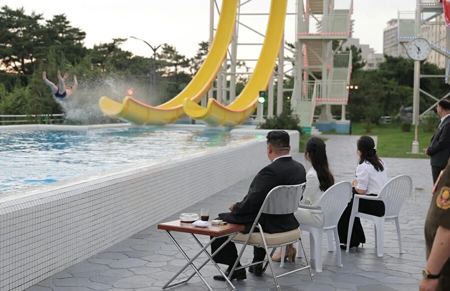 Rider using the Flying Fish Slide at Myongsasimni Water Park